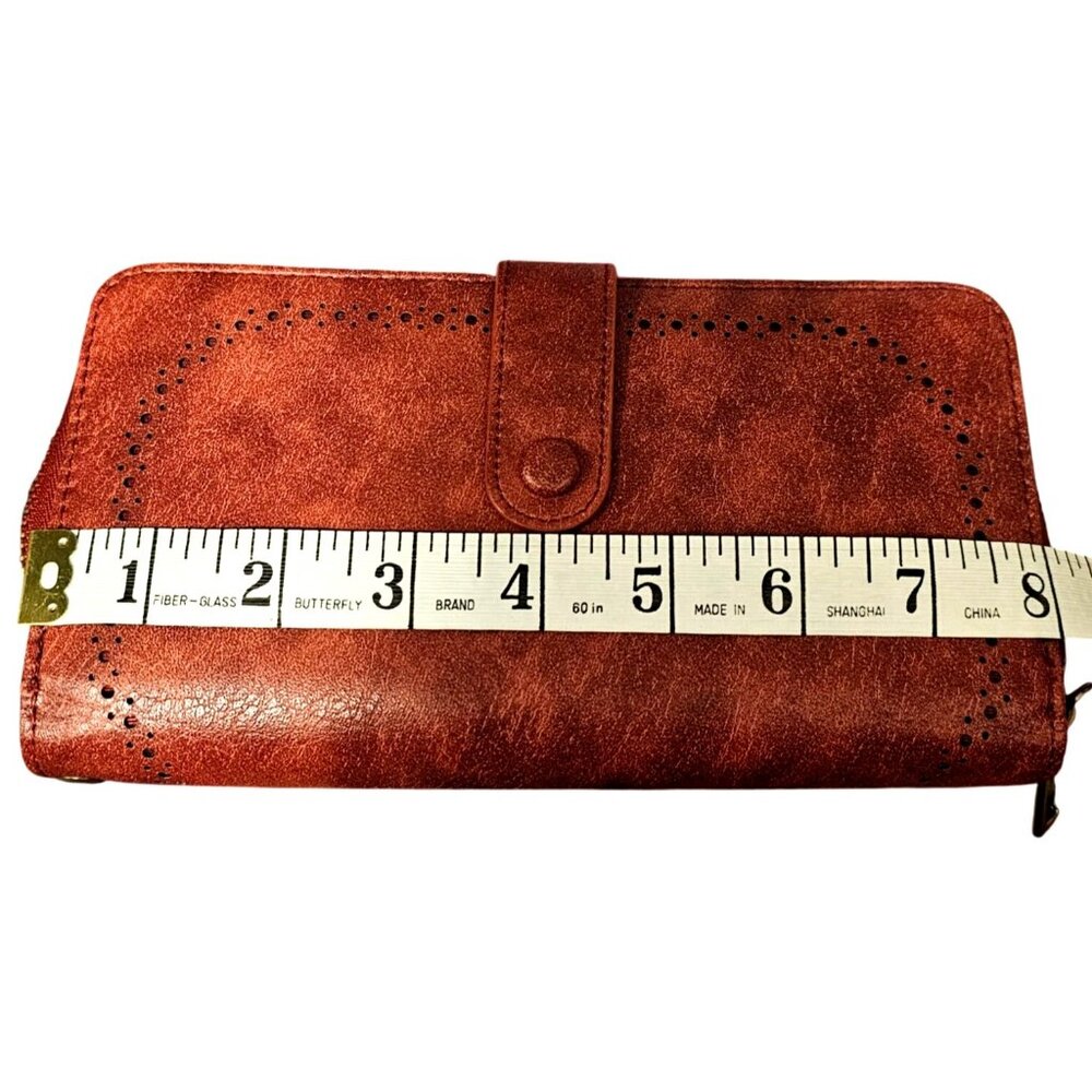 Brown/Red Faux Leather Accordion Wallet With Snap Closure & Zipper Compartments - Picture 7 of 8